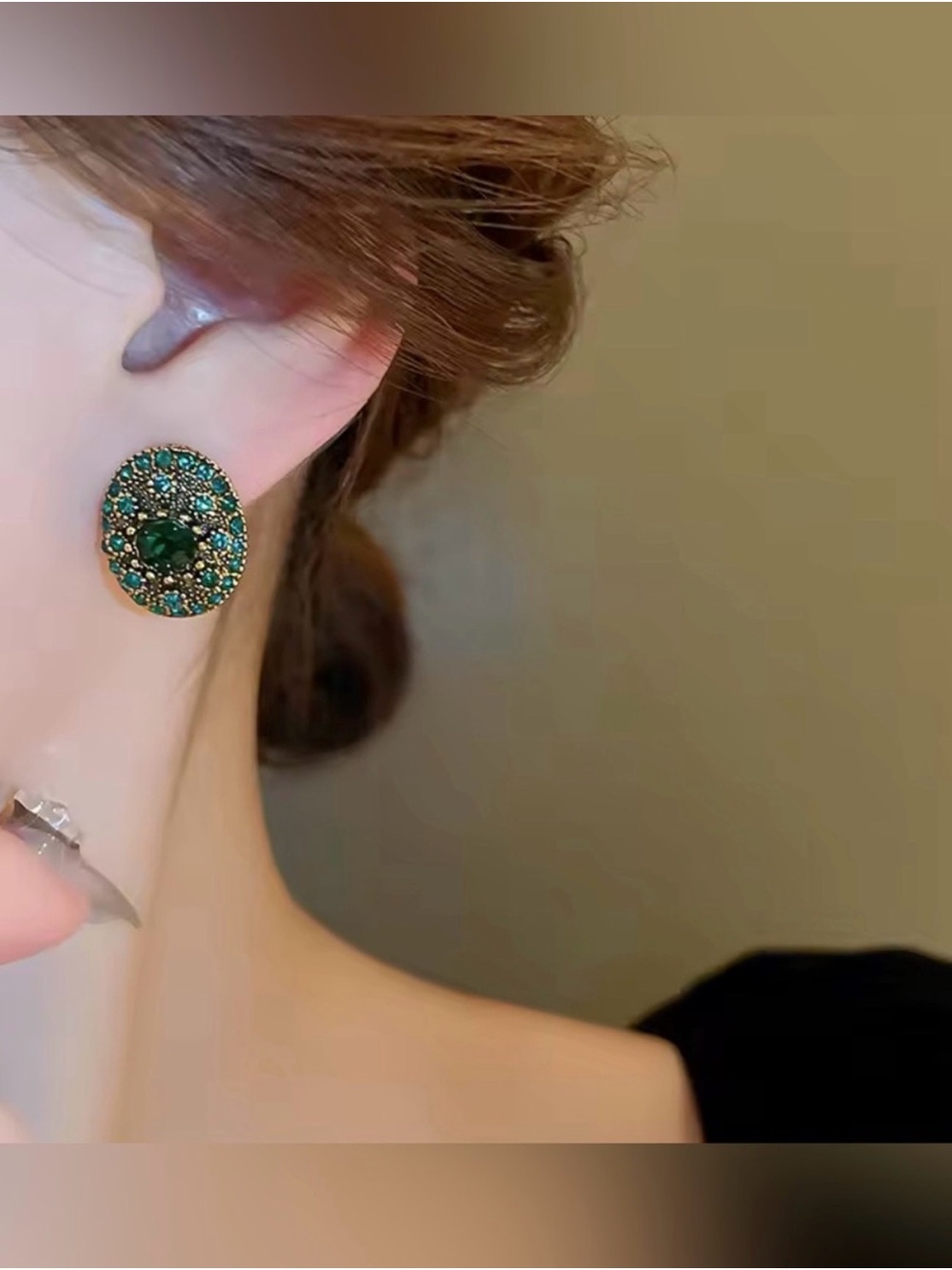 Green Crystal Oval Stud Earrings - Emerald Tone - Picture 6 of 6